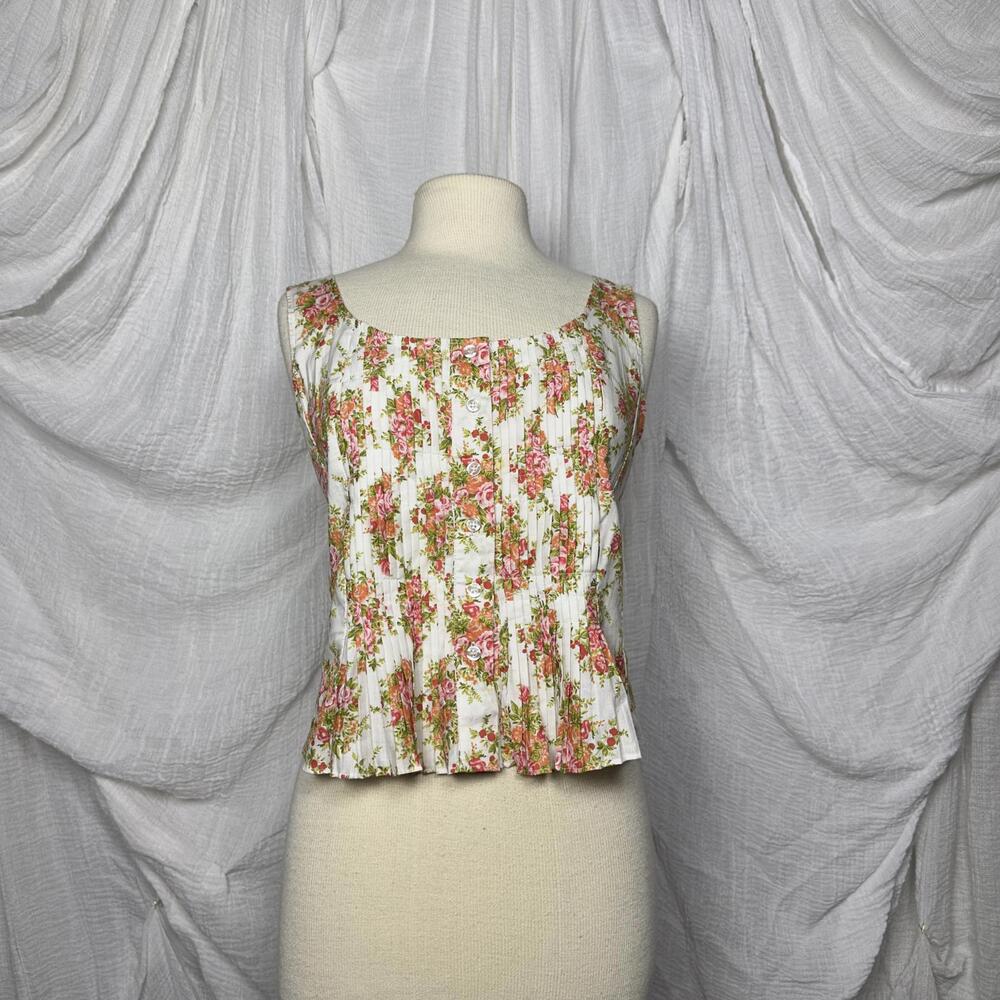 Preppy Boho Cottage Floral Sleeveless Pleated Top (L)